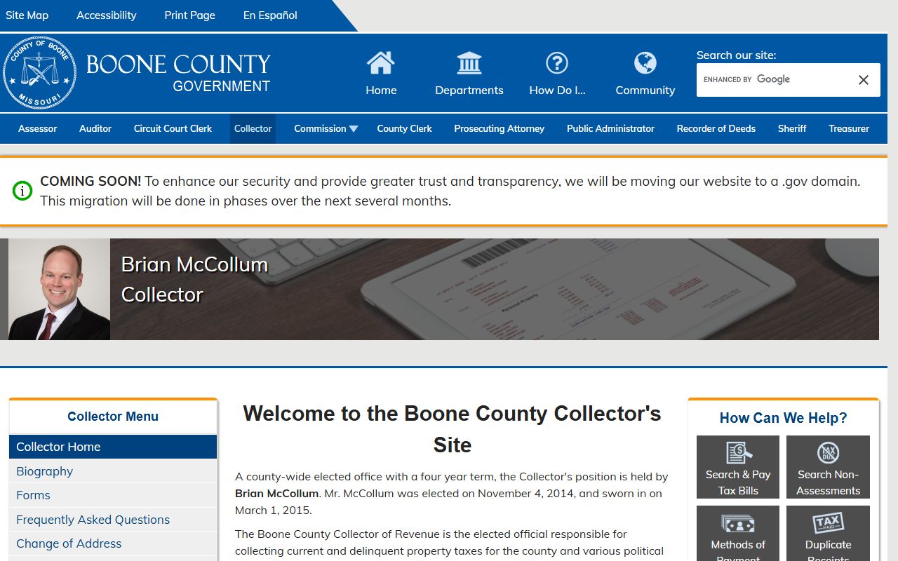 Boone County Collector office for unclaimed money and tax information
