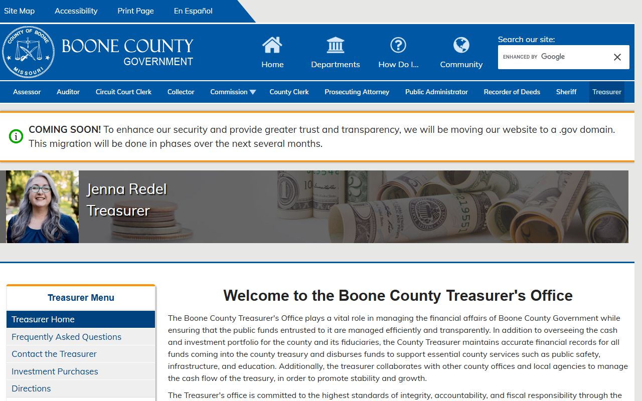 Boone County Treasurer office page for unclaimed money