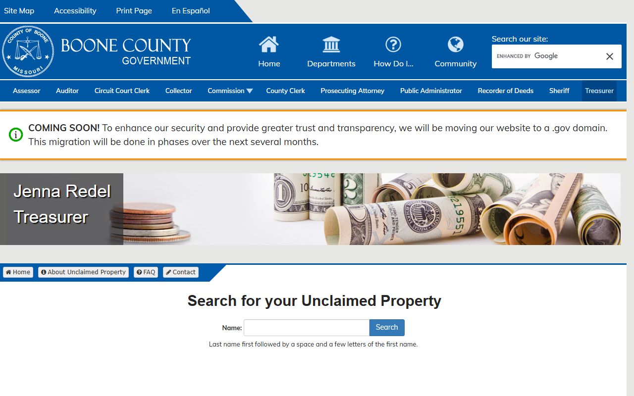 Boone County local unclaimed property search database