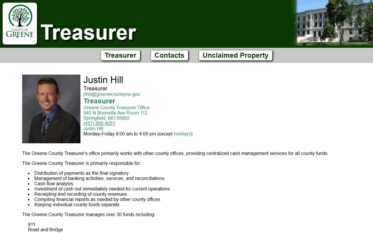 Greene County Treasurer office page for unclaimed money information