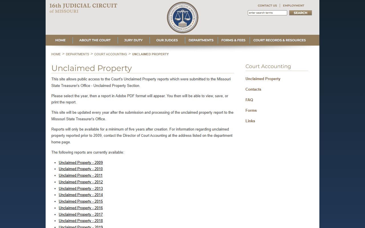 Jackson County 16th Circuit Court unclaimed property page