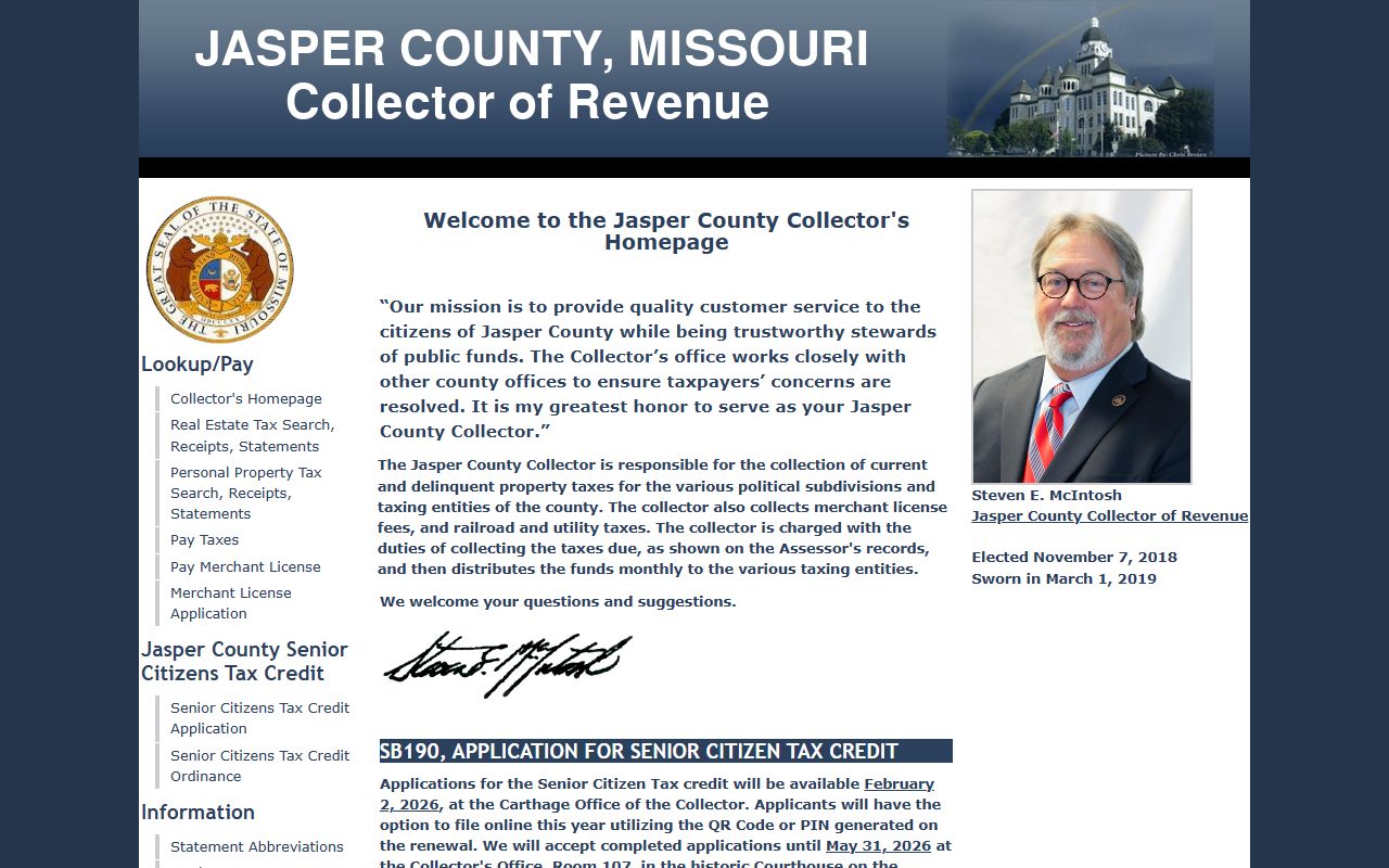 Jasper County Collector page related to unclaimed money and tax records