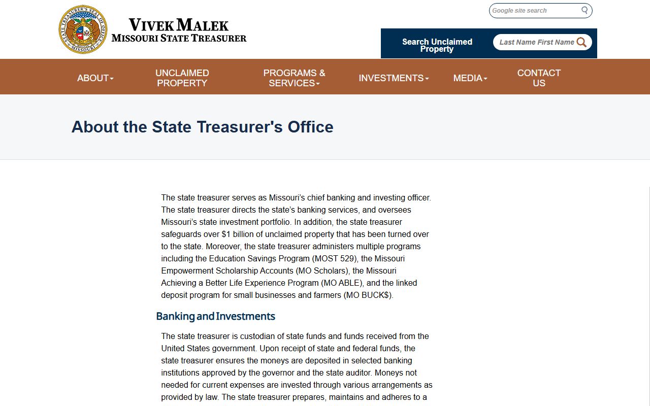Missouri State Treasurer page with information about Henry County unclaimed money