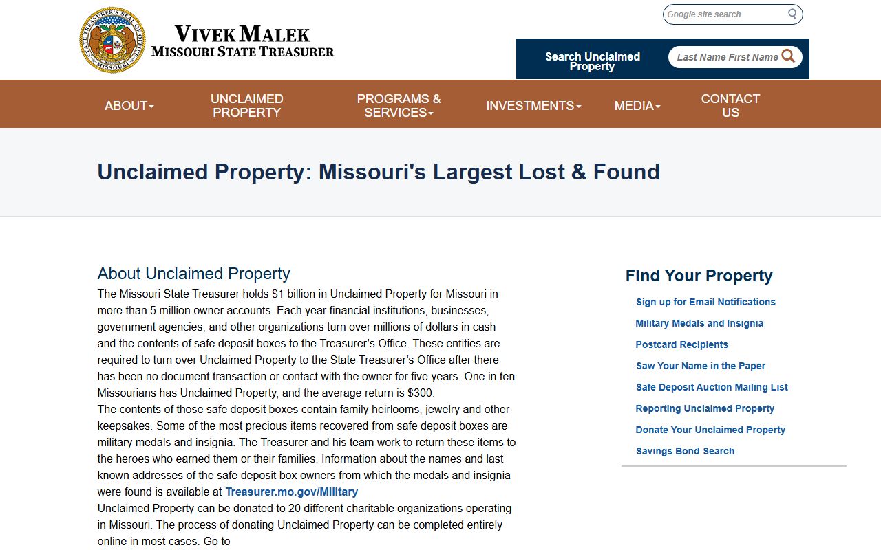 Missouri unclaimed money types and about unclaimed property page