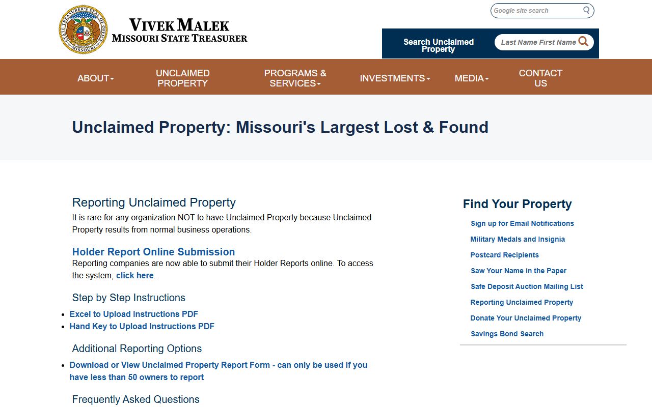 Missouri Treasurer holder reporting information for Howard County unclaimed money