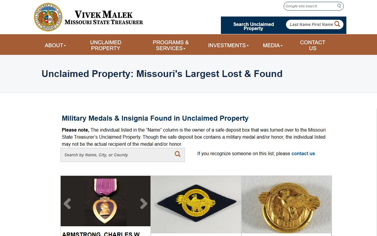 Missouri unclaimed money military medals and insignia database