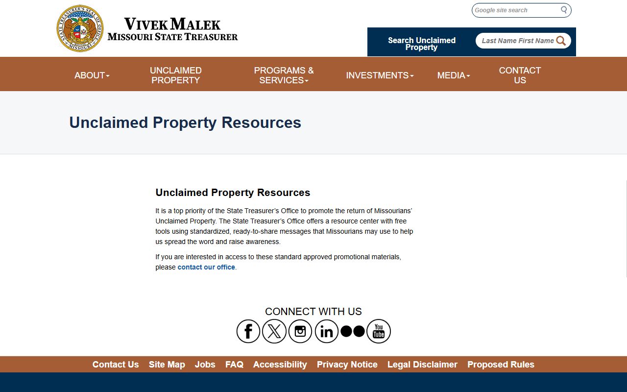 Missouri Treasurer promotional resources page for Harrison County unclaimed money awareness