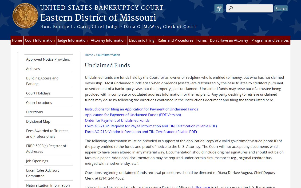 Missouri unclaimed money US Bankruptcy Court Eastern District